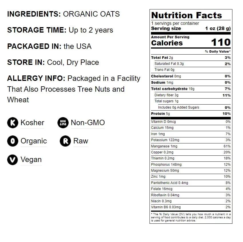 Organic Rolled Oats 20 Pounds Non-GMO Kosher Raw Vegan D986