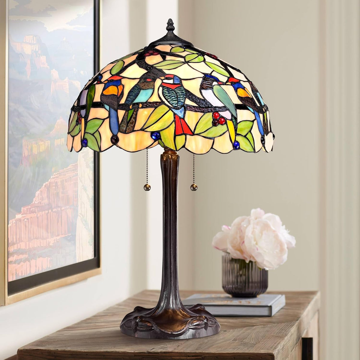 Bronze Tropical Birds Clear Multicolored Antique Stained Glass Table Lamp S84441