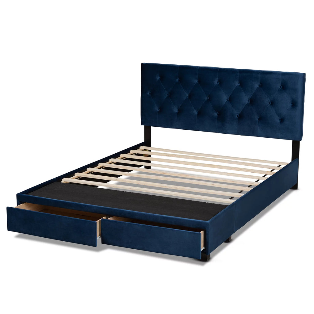Navy Blue Velvet Upholstered 2-Drawer King Size Platform Storage Bed L2978