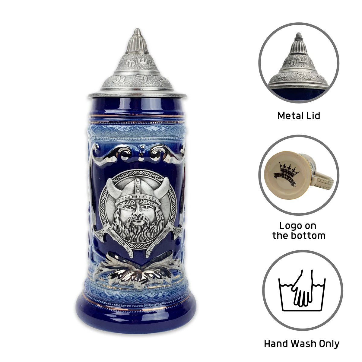 Blue Metal Medallion .75L Beer Stein with Metal Lid T474