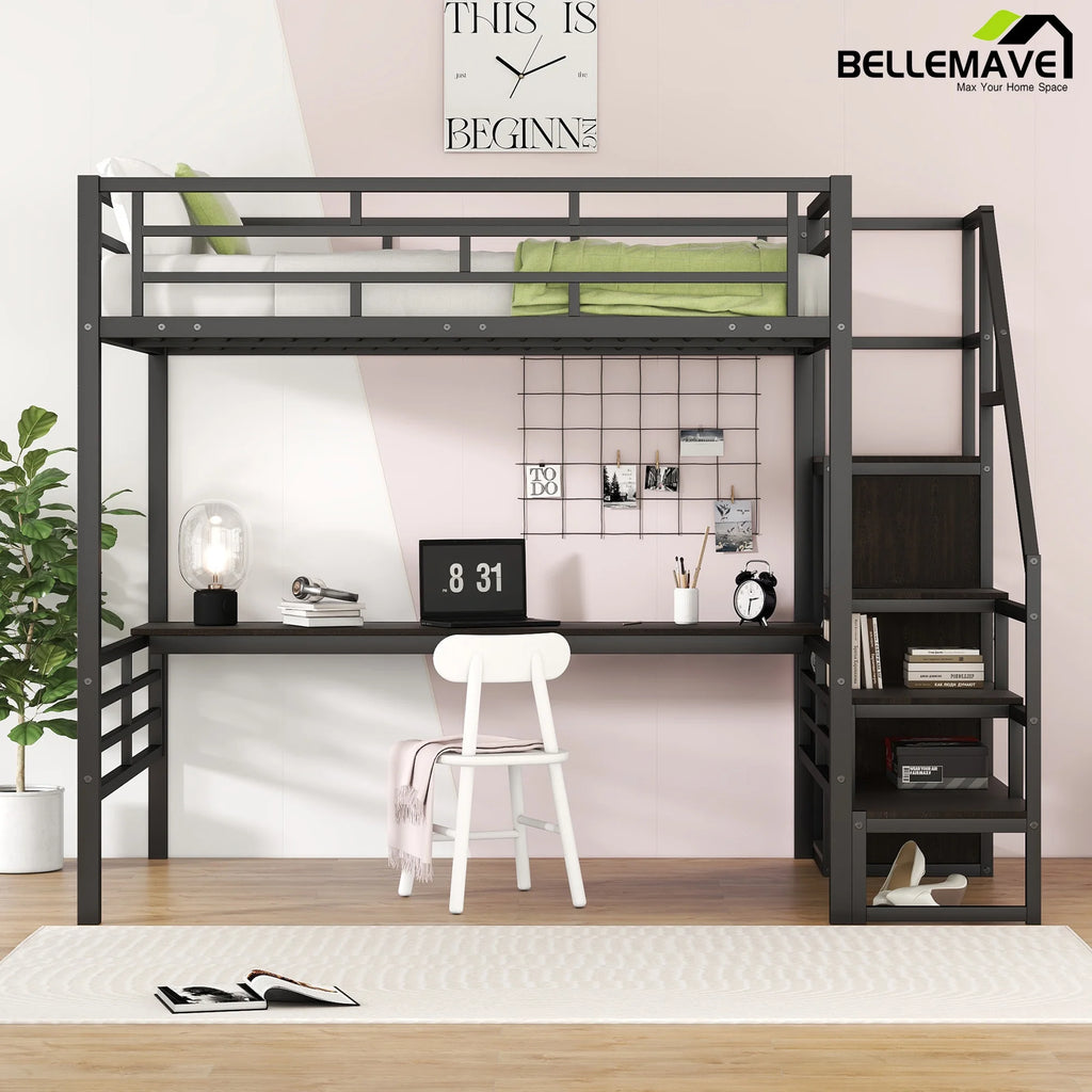 Full Size Black Metal Loft Bed with Storage Staircase and Desk V32560