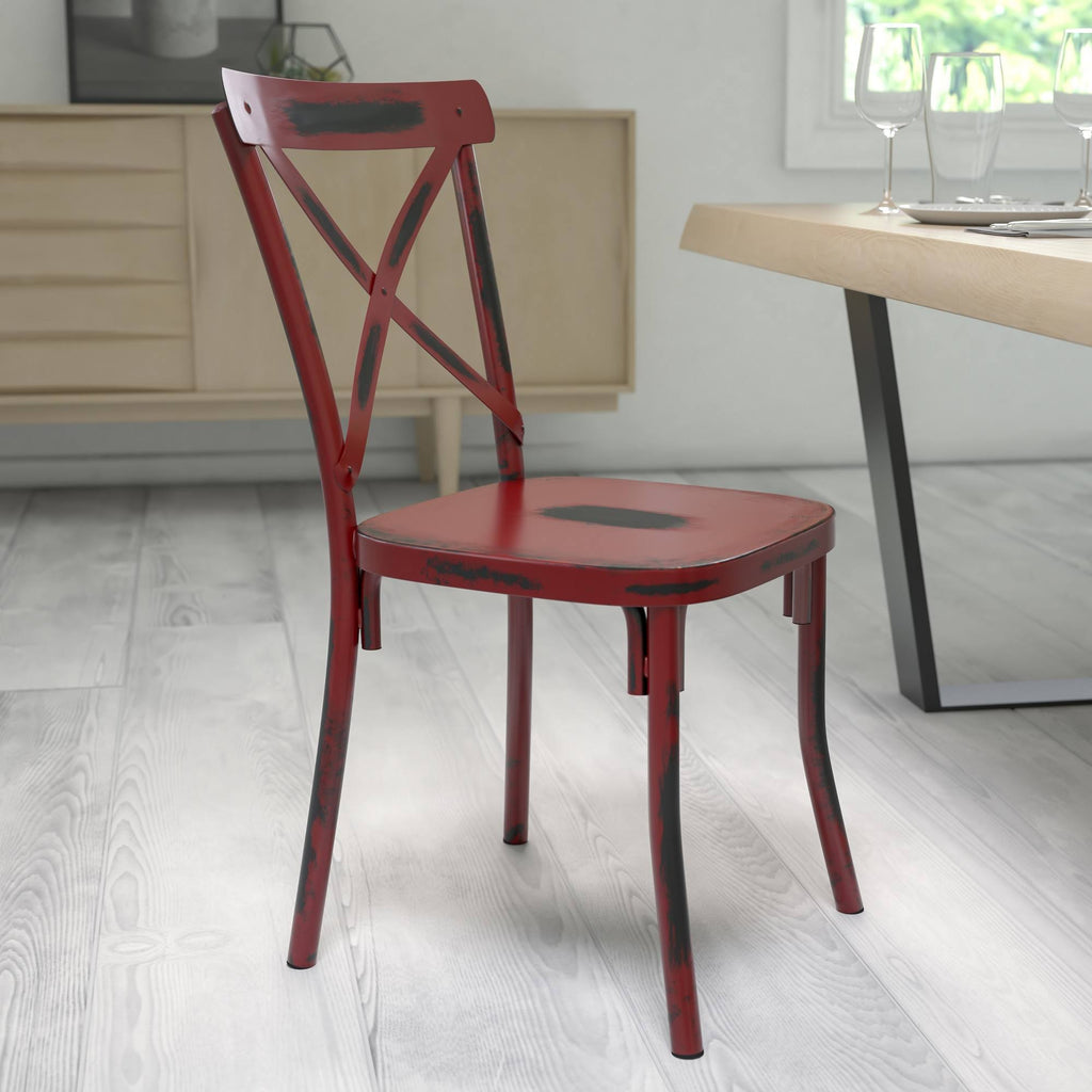 Rustic Distressed Metal Cross Back Chair (Red) V8166