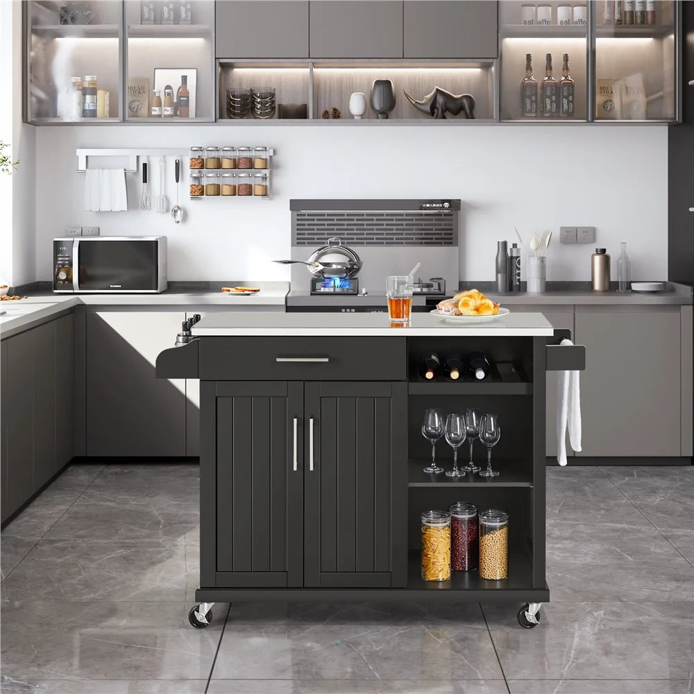 Black Kitchen Island Cart on Wheels with Stainless Steel Top and Open Shelves F367