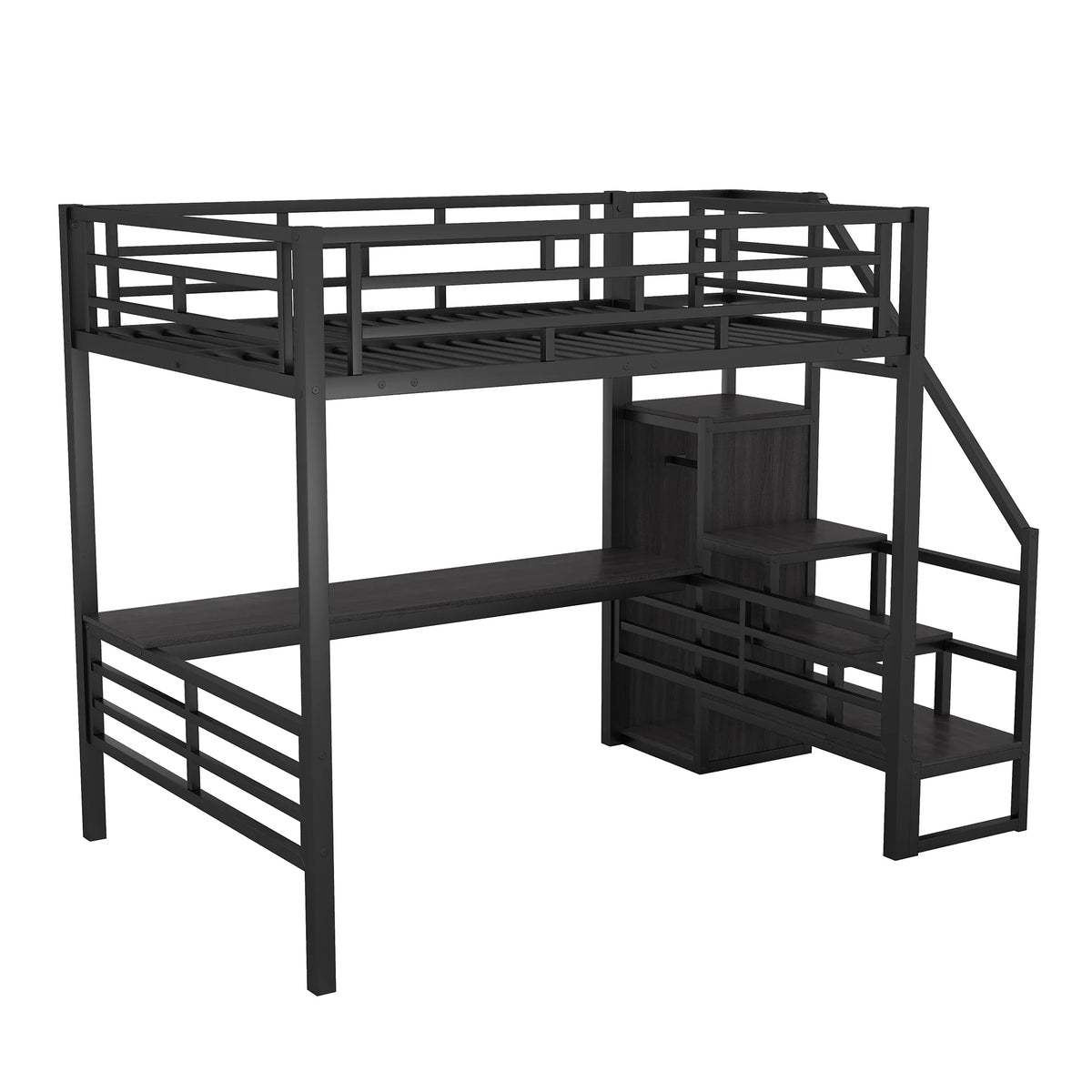 Full Size Black Metal Loft Bed with Storage Staircase and Desk V32560