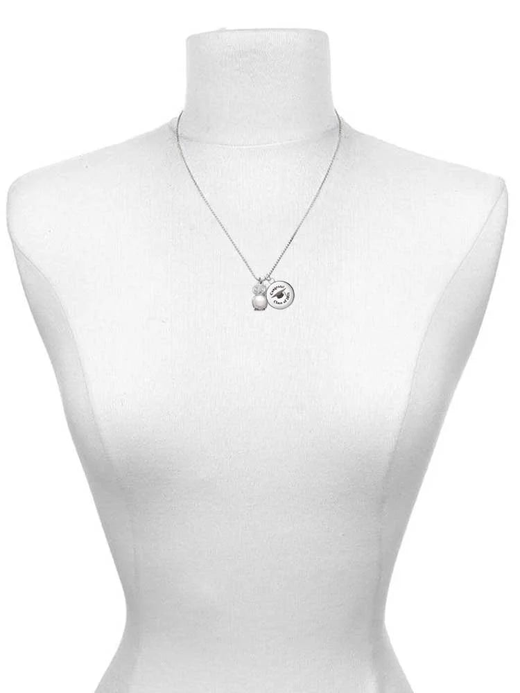 Silvertone Imitation Pearl Crystal Owl Charm Necklace P51835