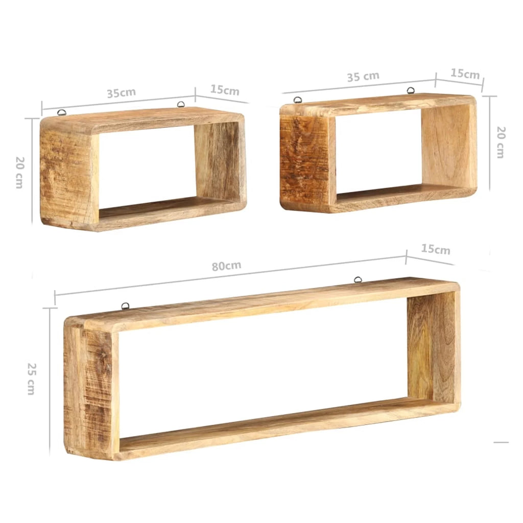 Solid Mango Wood 3 Piece Wall Cube Shelf Set B501