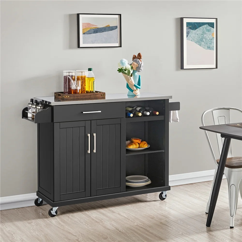 Black Kitchen Island Cart on Wheels with Stainless Steel Top and Open Shelves F367