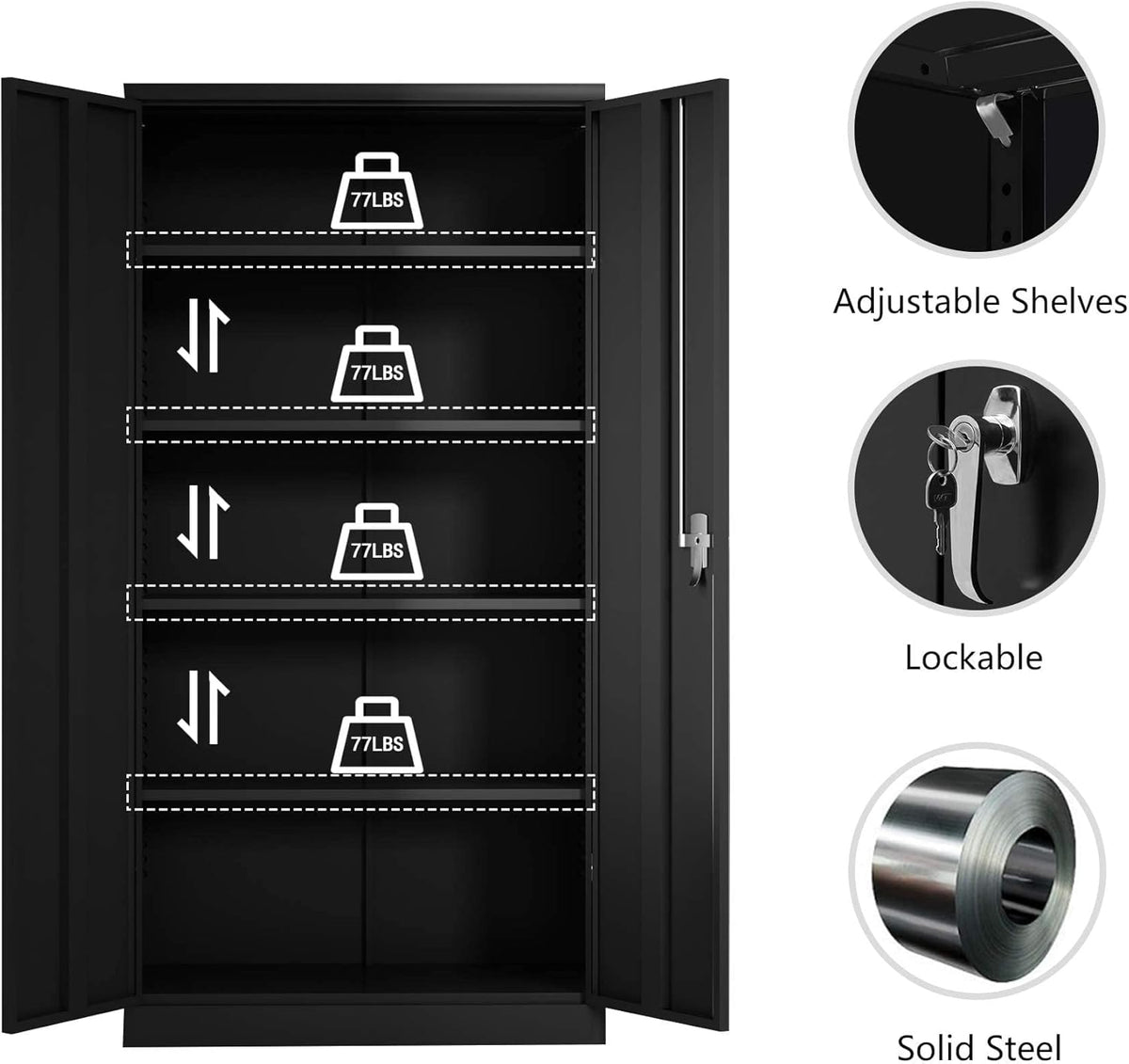 72 Inches Black Steel Storage Cabinet with Shelves H419245