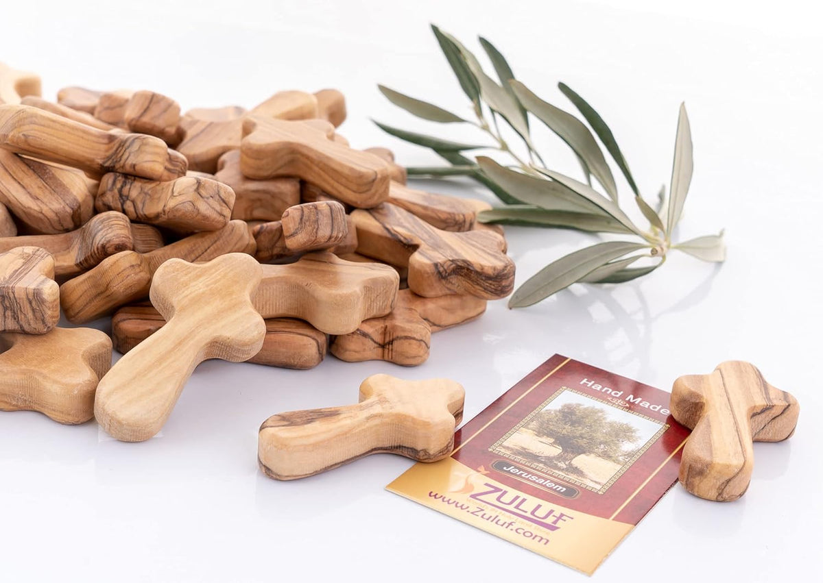 100 Small Olive Wood Pocket Crosses with Certificates W187727