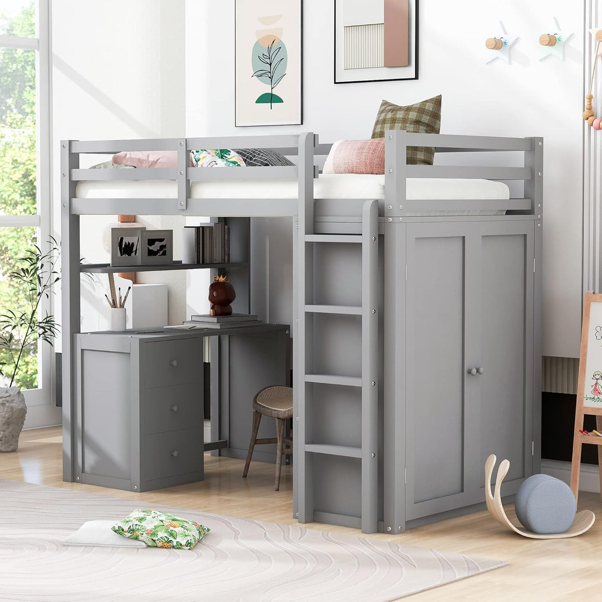 Gray Twin Loft Bed with Desk, 3 Drawers, and Wardrobe L1992