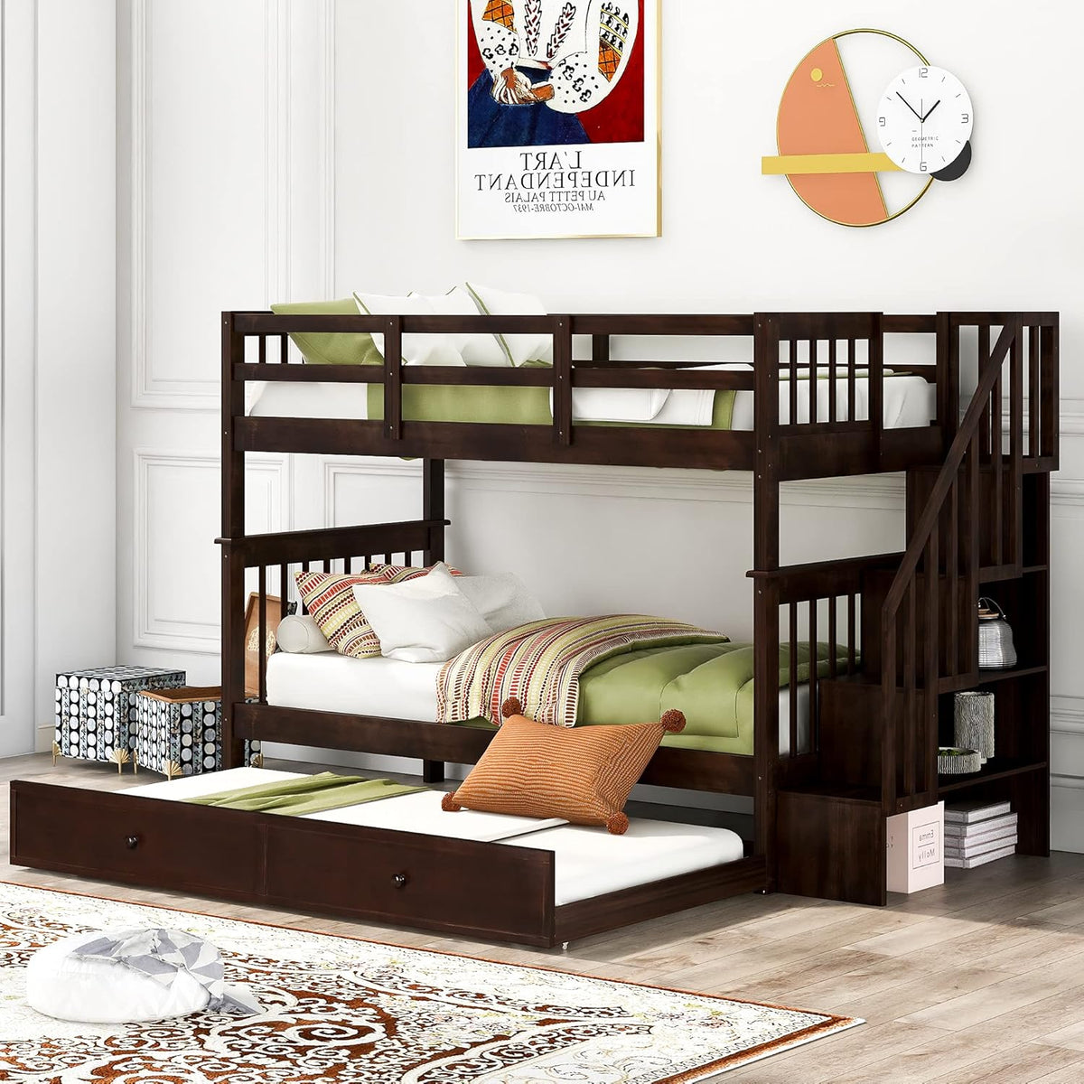 Solid Wood Twin-Over-Twin Bunk Bed with 3 Storage Drawers and Safety Guard Rail (Walnut) K1066