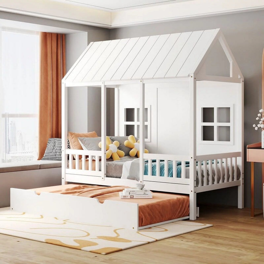 Full Size Solid Wood Log Cabin Bed with Casters D584016