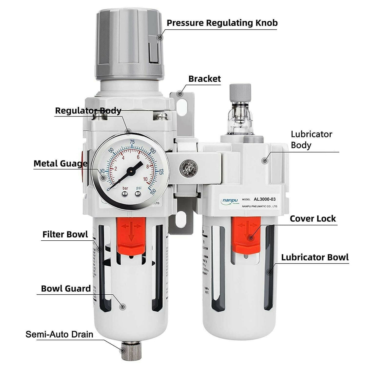 3/8x22 NPT Compressed Air Filter Regulator Lubricator Combo J329