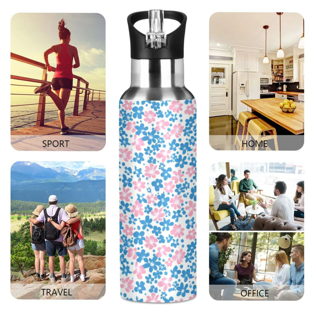 Pink and Blue Floral Insulated Stainless Steel Water Bottle with Straw Lid 20 oz D5162
