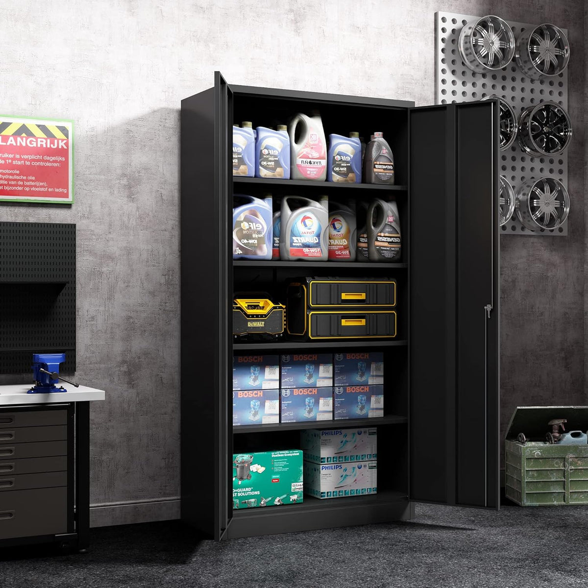 72 Inches Black Steel Storage Cabinet with Shelves H419245