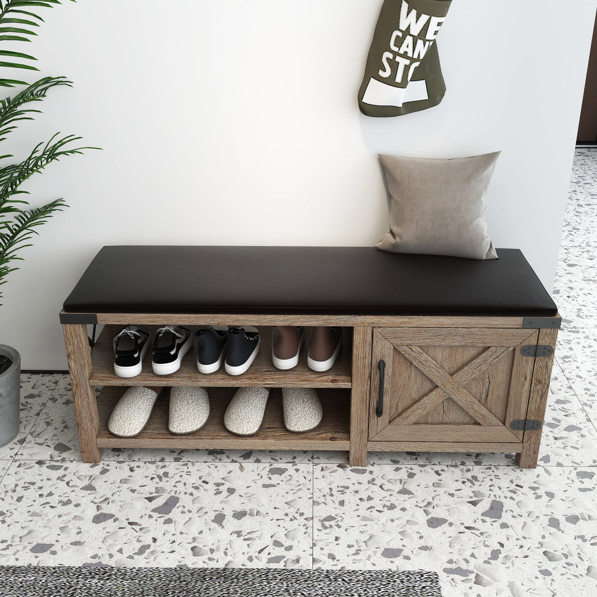 Light Brown 2-Tier Shoe Storage Bench with Cushion Seat Q476446