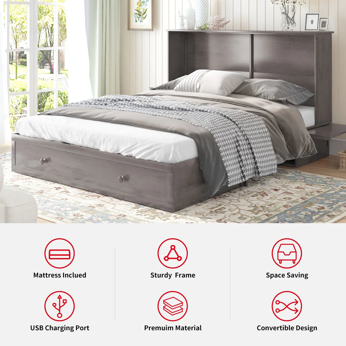 Queen Size Murphy Bed Chest with Foam Mattress R4042