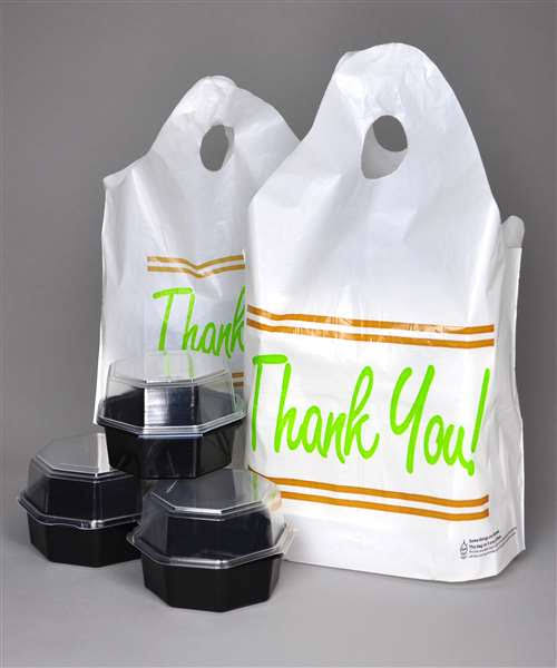 Printed Thank You Take Out Bag with Bell Top Handle - White Case/500 P8828