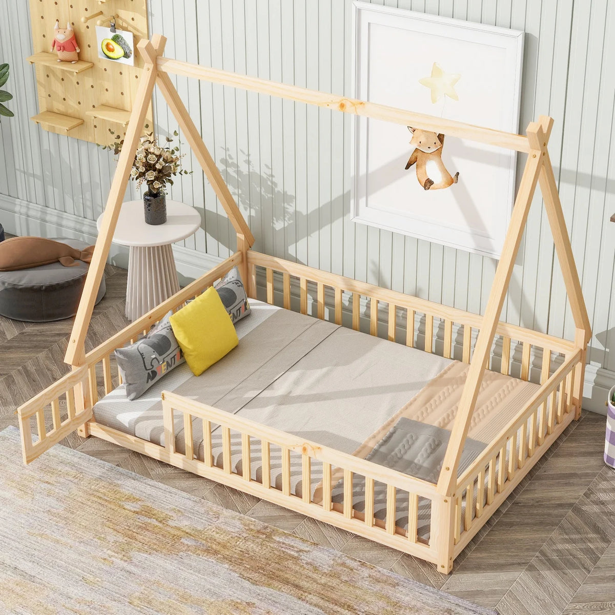 Twin Size Grey Wooden Floor Bed with Guardrail M2995