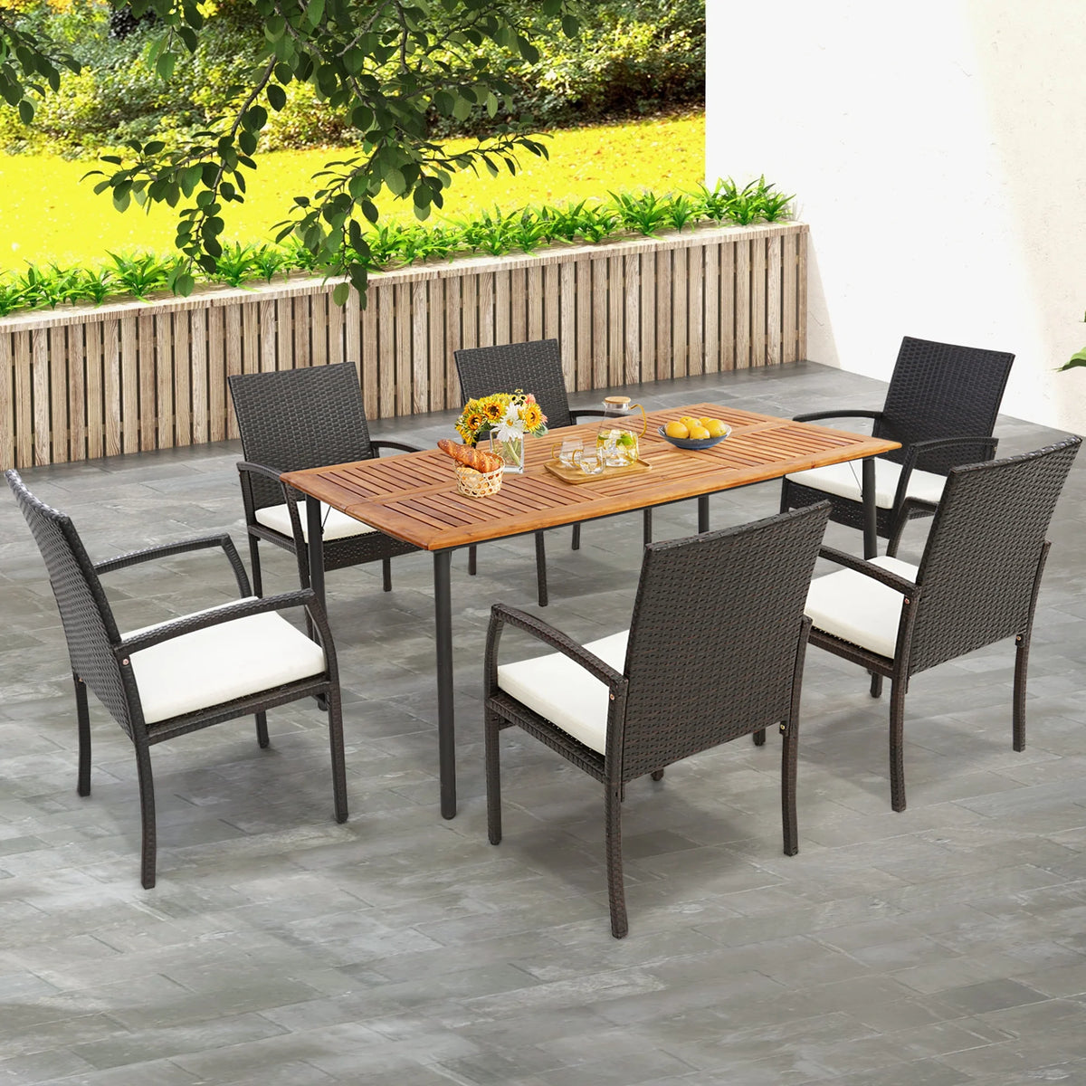 Rectangular Acacia Wood Patio Dining Table with Umbrella Hole M781