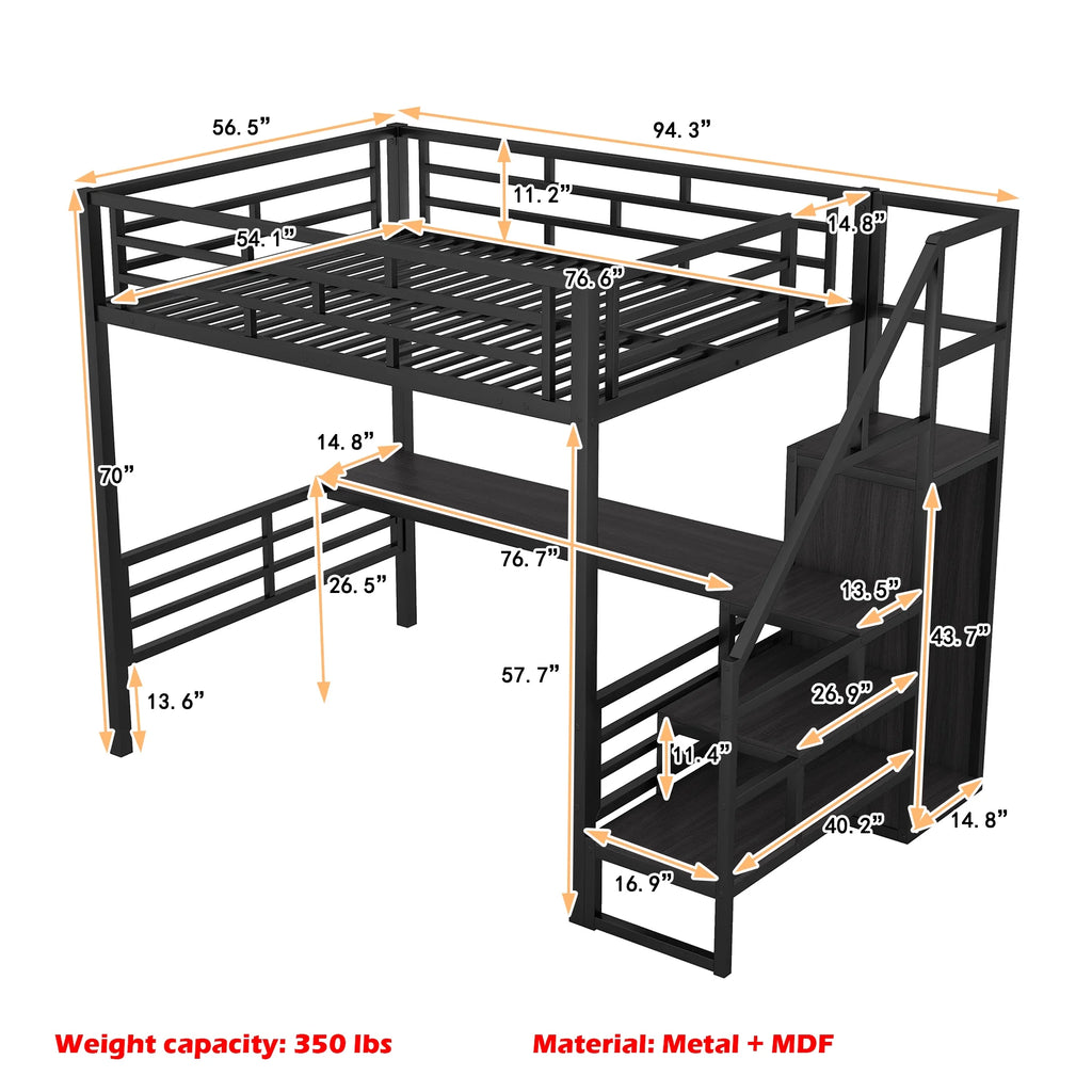 Full Size Black Metal Loft Bed with Storage Staircase and Desk V32560