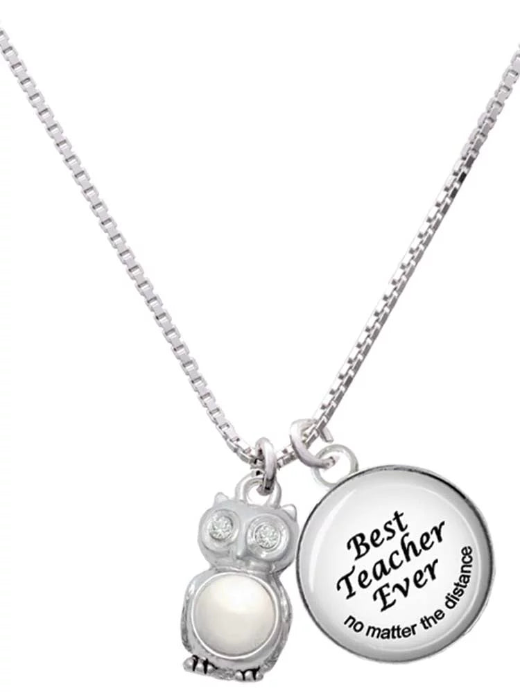 Silvertone Imitation Pearl Crystal Owl Charm Necklace P51835