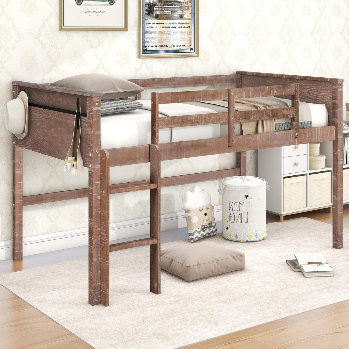 Twin Size Wood Loft Bed with Hanging Clothes Rack M207665