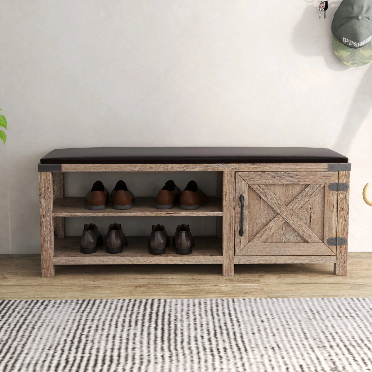 Light Brown 2-Tier Shoe Storage Bench with Cushion Seat Q476446