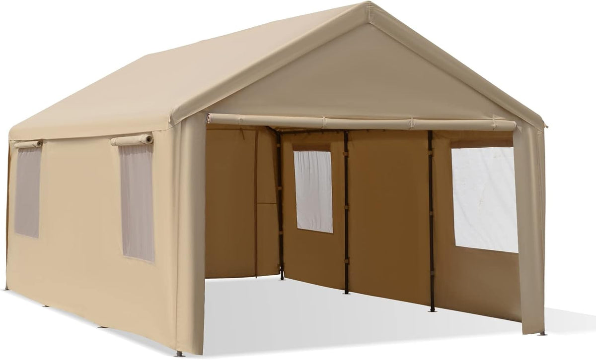 10'x20' Heavy Duty Carport with Roll-up Ventilated Windows, Removable Sidewalls & Doors, All-Season Tarp, Beige R577932