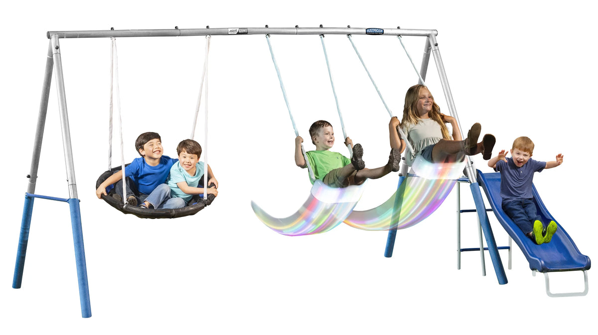 Metal Swing Set with 2 LED Swing Seats, Disc Swing & Wave Slide G371