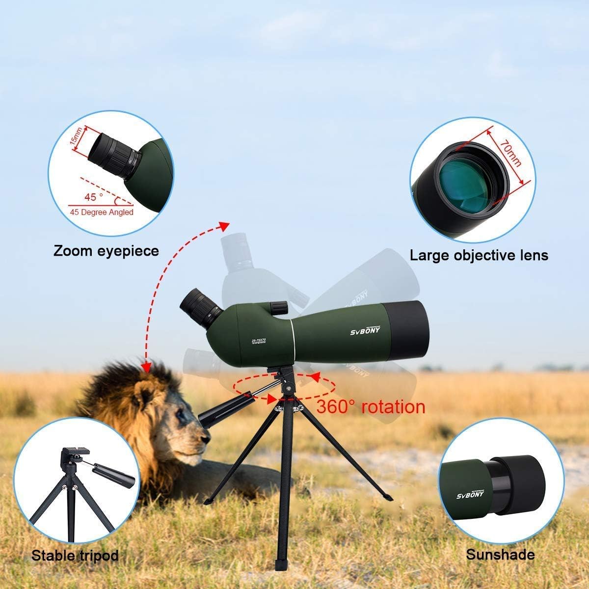 25-75x70 Angled Waterproof Spotting Scope with Tripod, Phone Adapter G708839