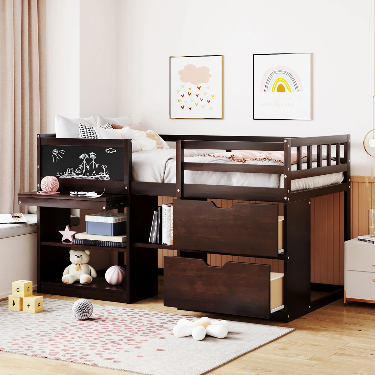 Twin Size Solid Wood Loft Bed with Drawers Shelves and Ladder M6609