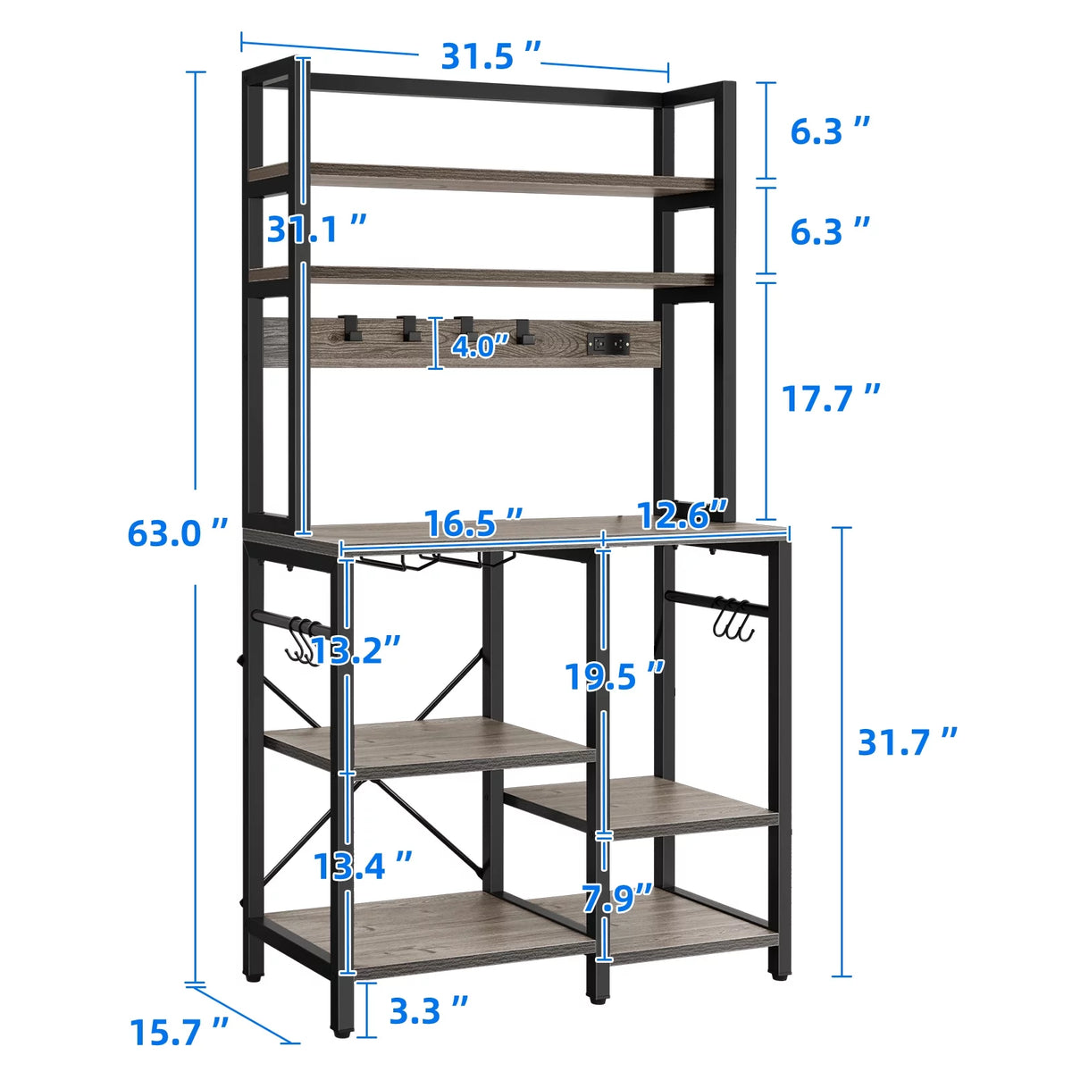 5 Tier Kitchen Bakers Rack with Power Outlet and Wine Rack H159