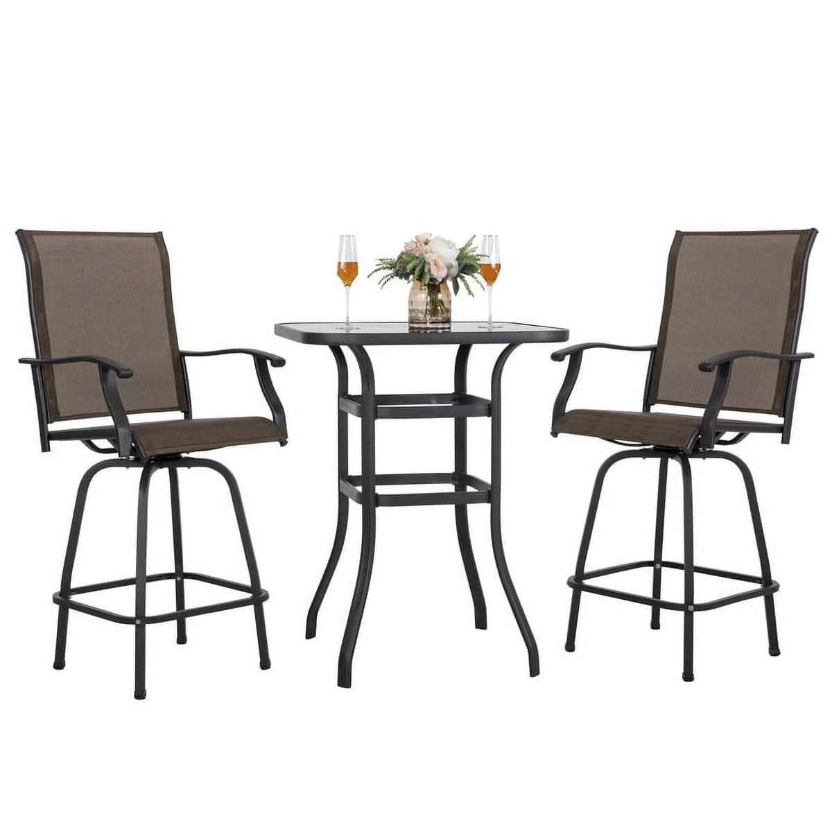 3 Pc Brown Outdoor Bar Height Swivel Bistro Set E65176
