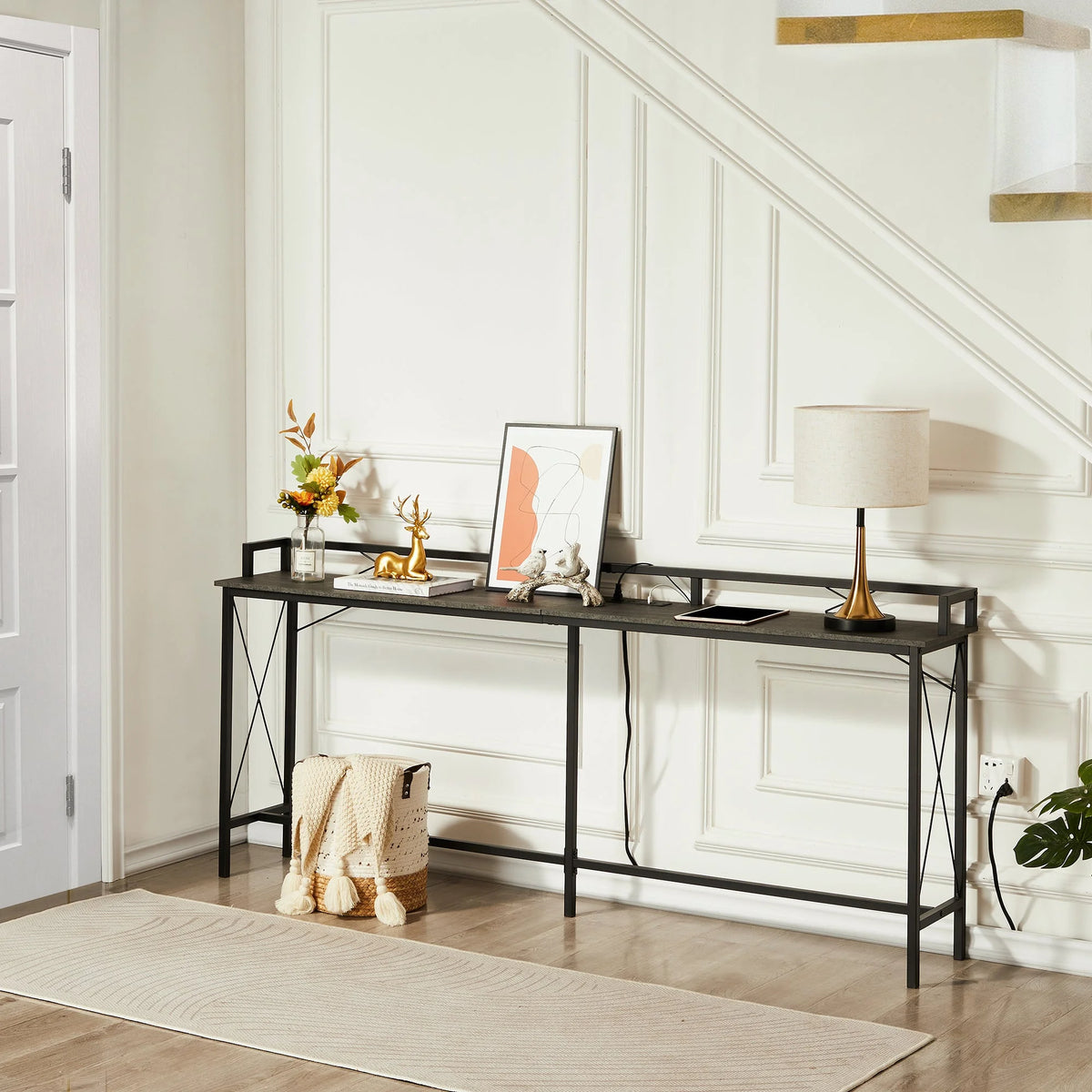 Black 5-Piece Console Table and Stool Set with 4 Adjustable Swivel Chairs E44252