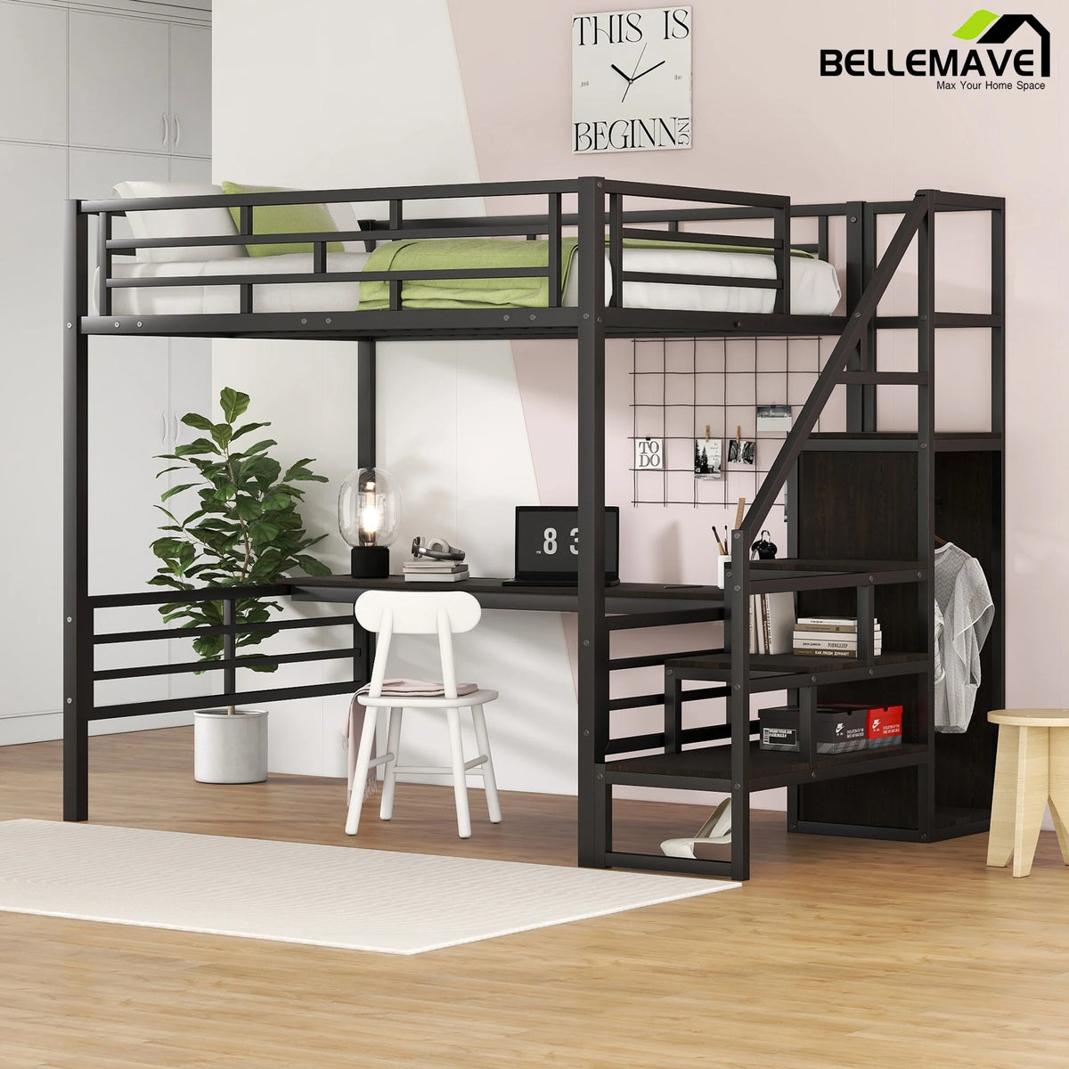 Full Size Black Metal Loft Bed with Storage Staircase and Desk V32560