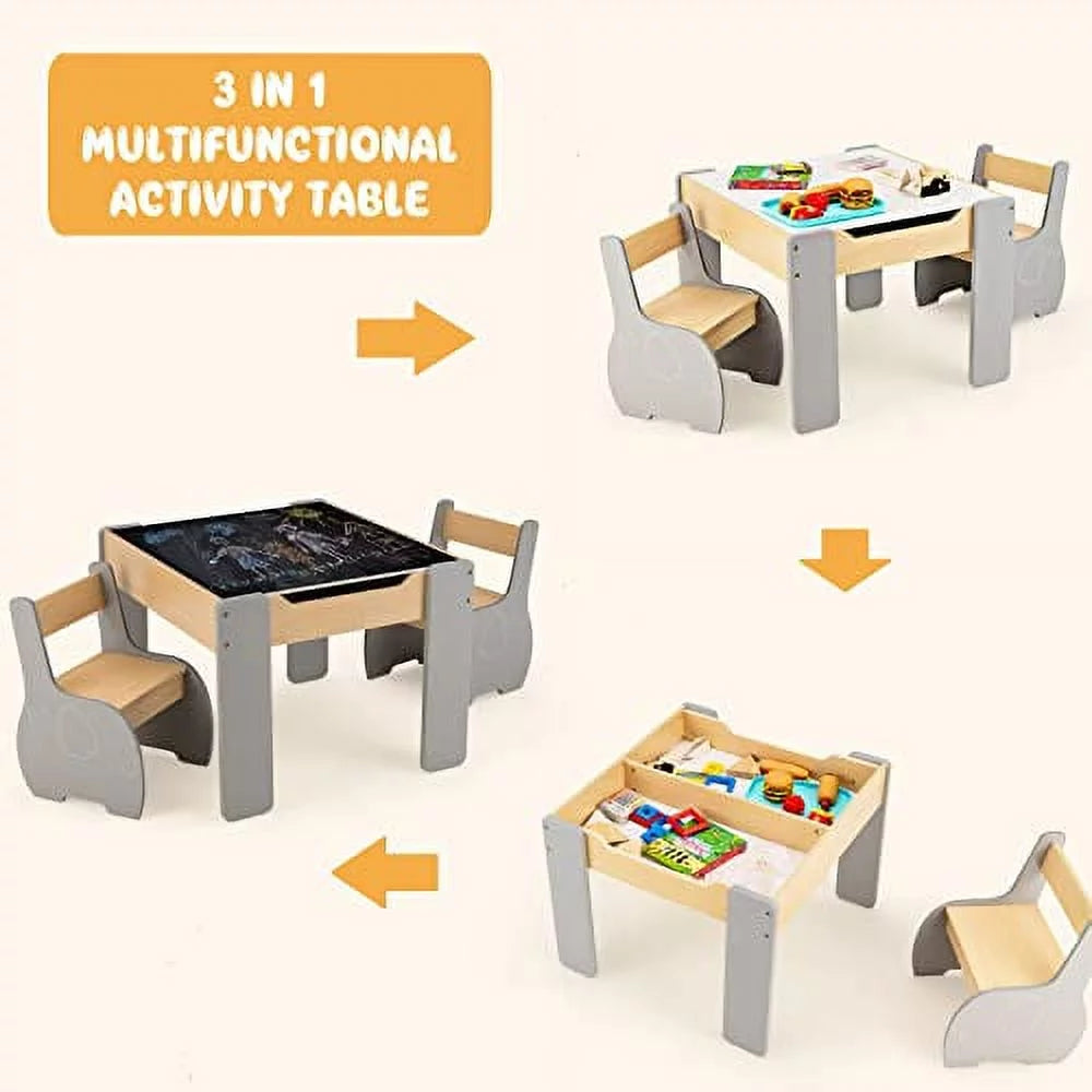 3 in 1 Kids Table and Chair Set Wood Activity Table P15824