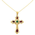 14 Karat Ruby and Emerald Cabochon Cross Pendant with 18-inch Chain U40202