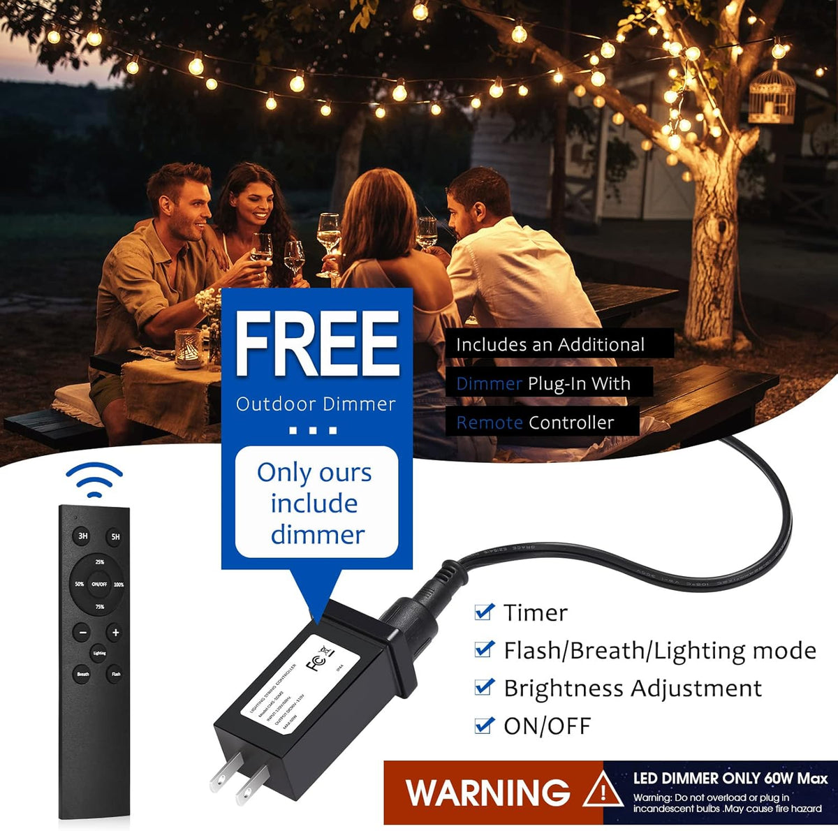 LED Outdoor String Lights with Dimmer Remote Q36536