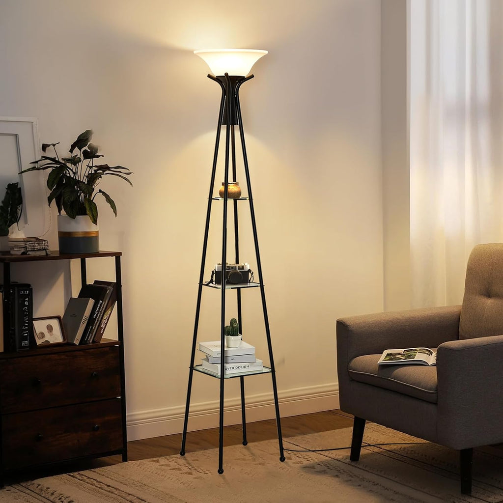 Black 69” Tall 3-Tier Glass Shelf Floor Lamp with 8W Bulb X597811