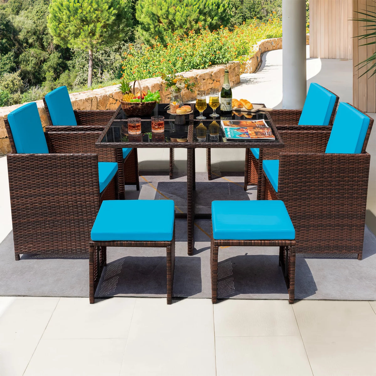 9 Pieces Outdoor Dining Set Wicker Chairs with Glass Table W29217