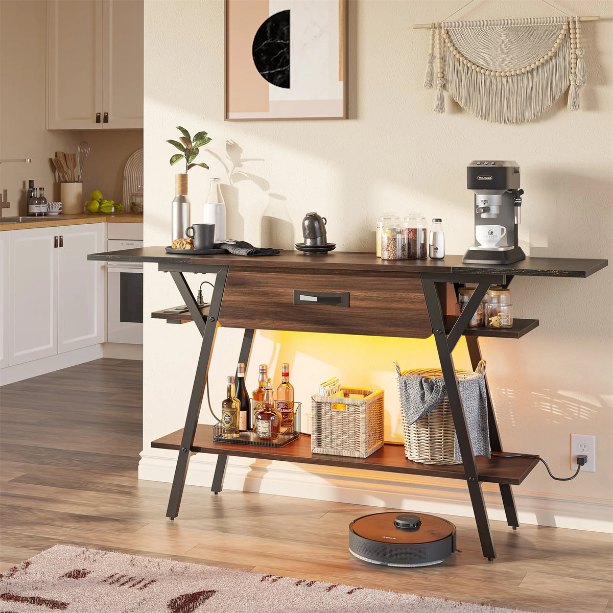 60" 3 Tier Walnut Console Table with LED Lights L24954