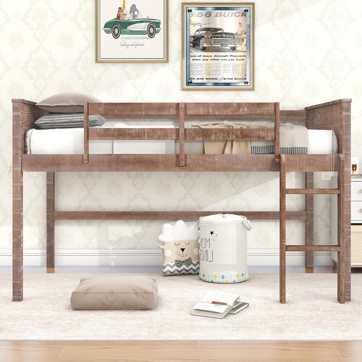 Twin Size Wood Loft Bed with Hanging Clothes Rack M207665