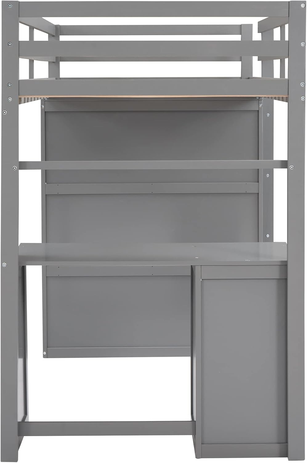 Gray Twin Loft Bed with Desk, 3 Drawers, and Wardrobe L1992