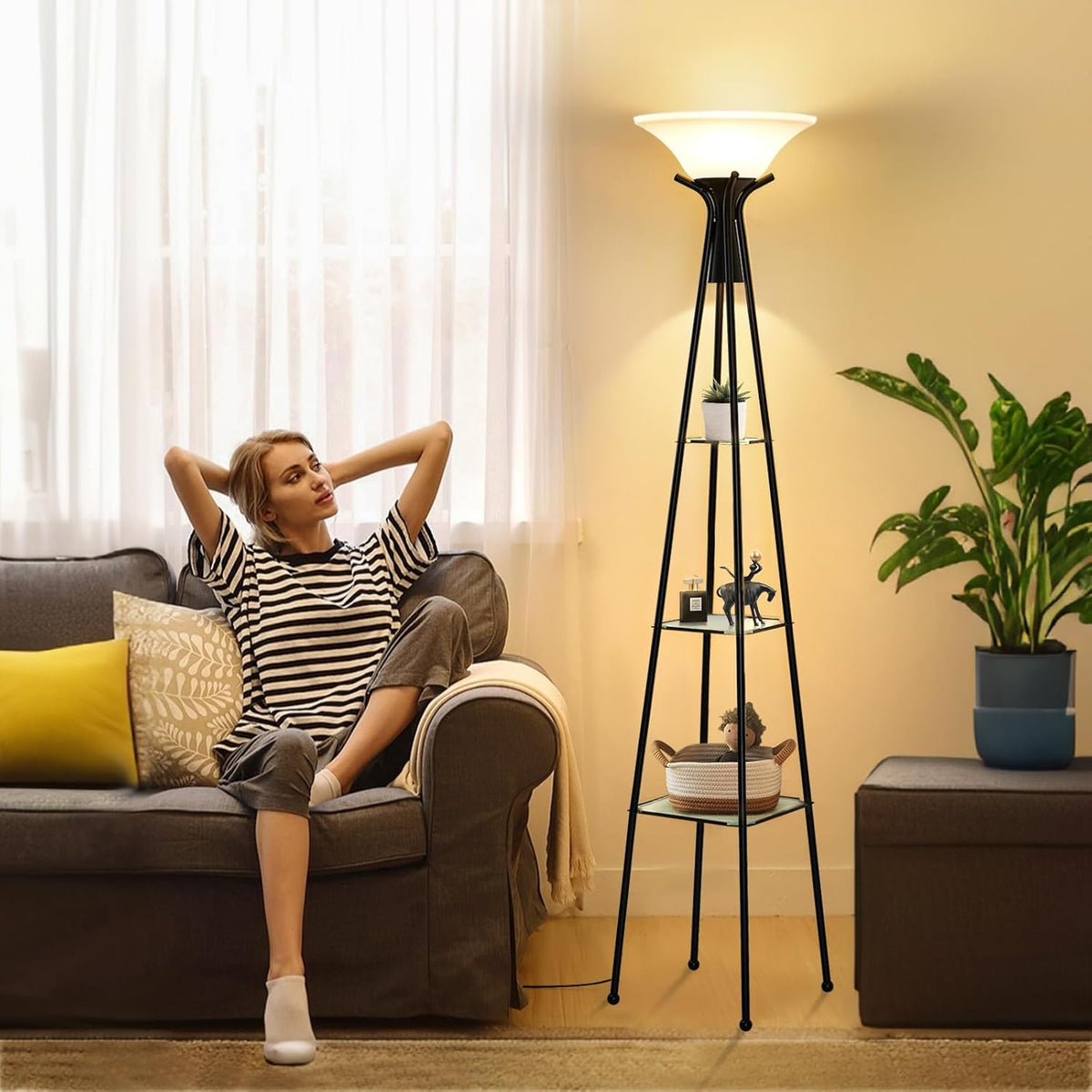 Black 69” Tall 3-Tier Glass Shelf Floor Lamp with 8W Bulb X597811