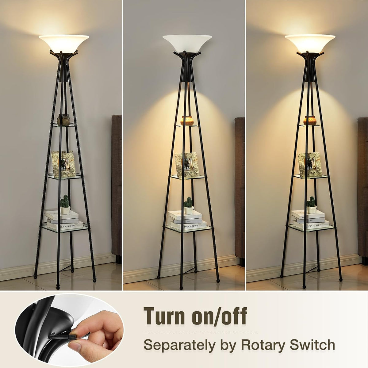 Black 69” Tall 3-Tier Glass Shelf Floor Lamp with 8W Bulb X597811