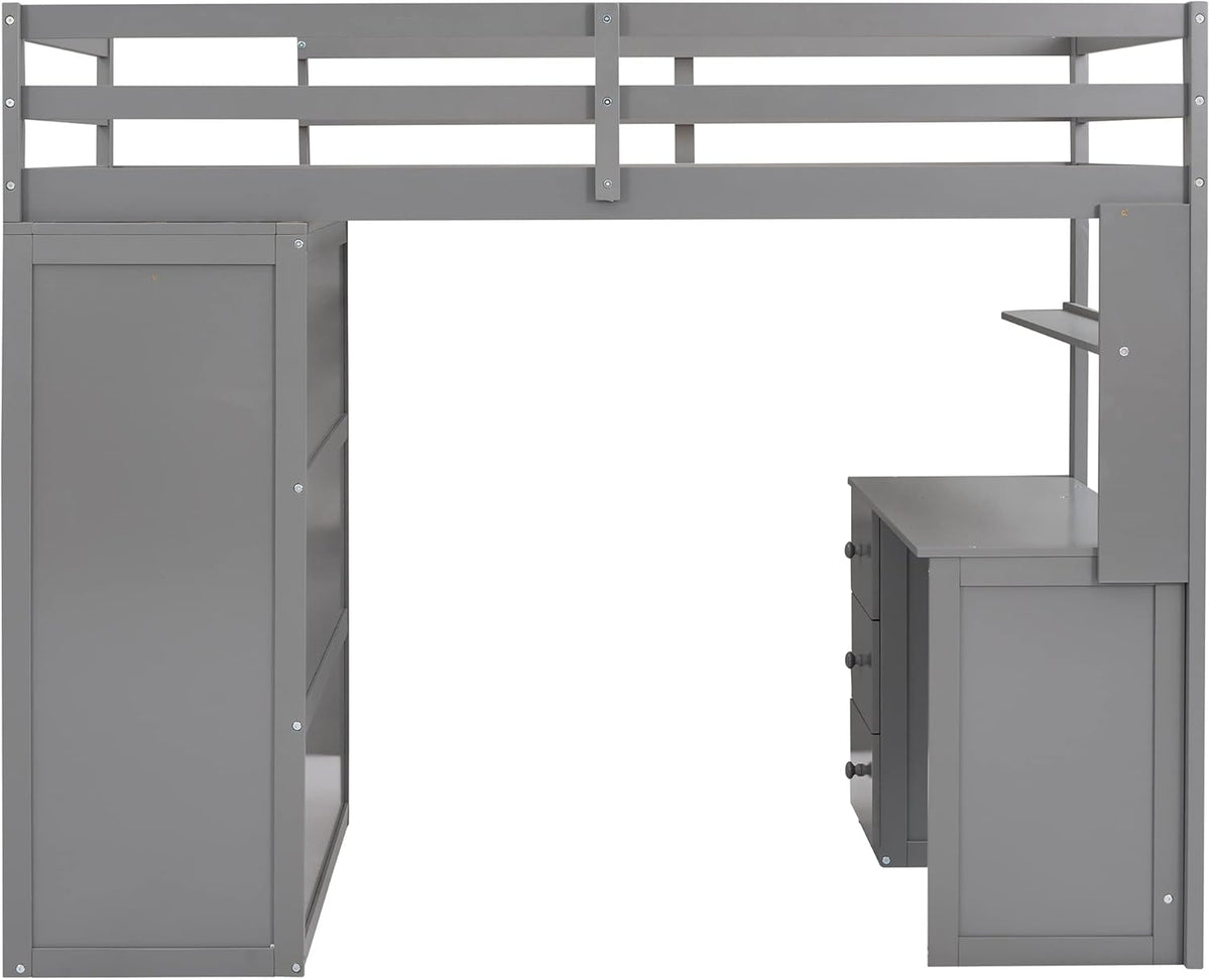 Gray Twin Loft Bed with Desk, 3 Drawers, and Wardrobe L1992