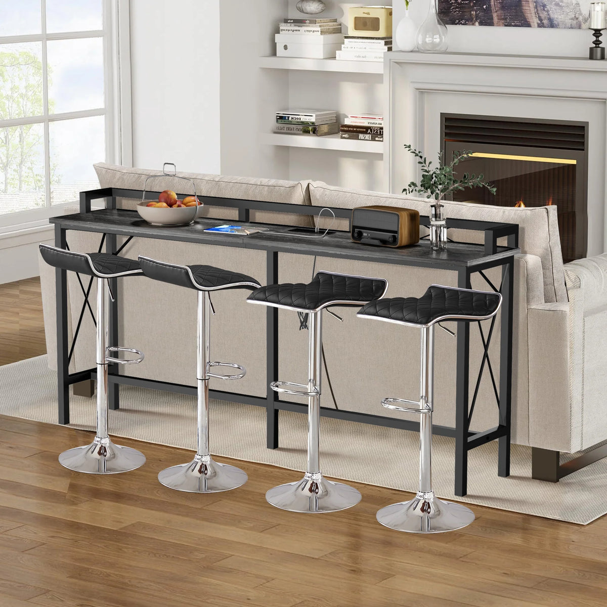 Black 5-Piece Console Table and Stool Set with 4 Adjustable Swivel Chairs E44252