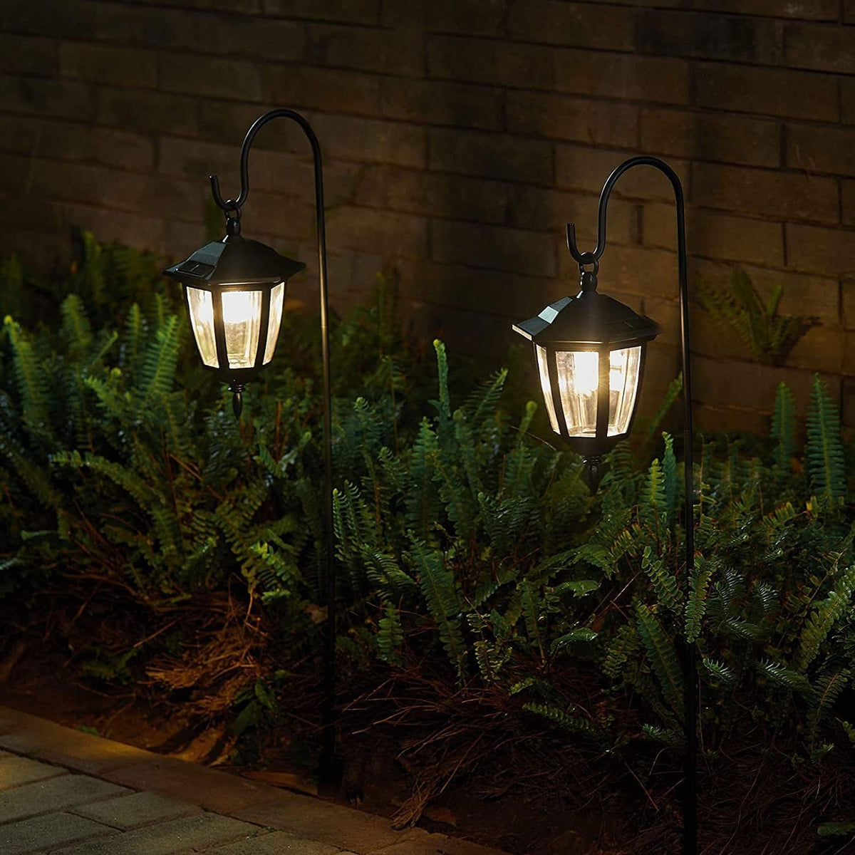 2 Pack 38.5 Inch Shepherd Hook with Hanging Lantern Black Solar Pathway Lights Warm White R4091