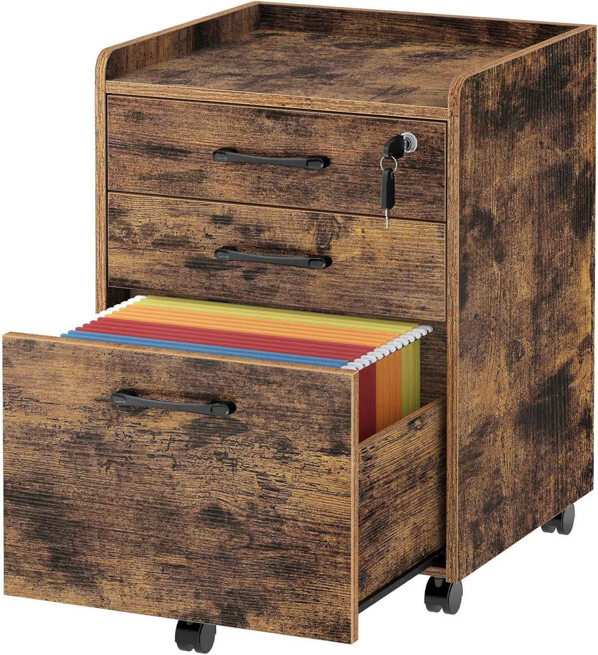 Rustic Brown 3 Drawer Rolling File Cabinet N638